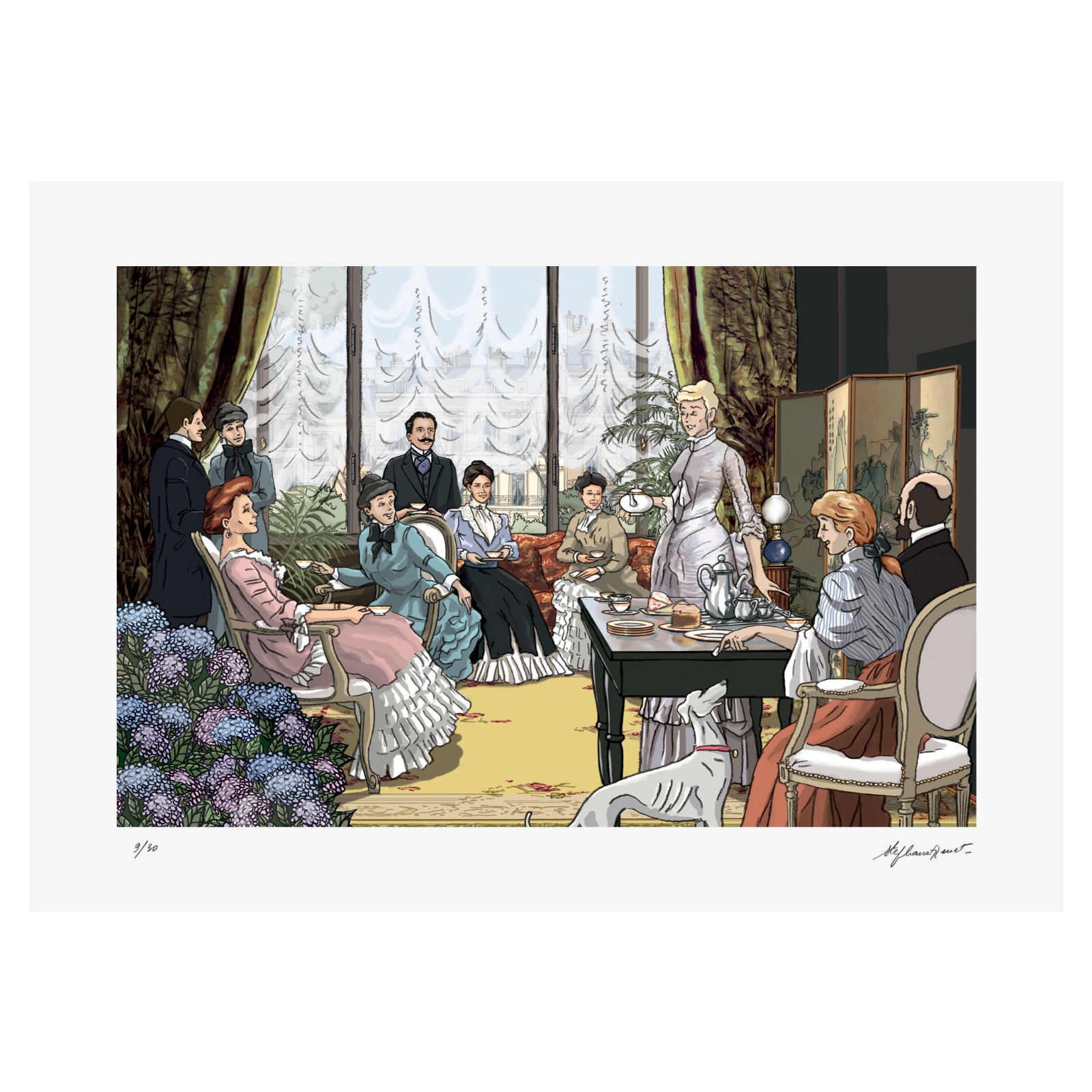 Le salon d’Odette Swann. Estampe de Stéphane Heuet. Illustration de A l'ombre des Jeunes filles en fleurs de Marcel Proust.
